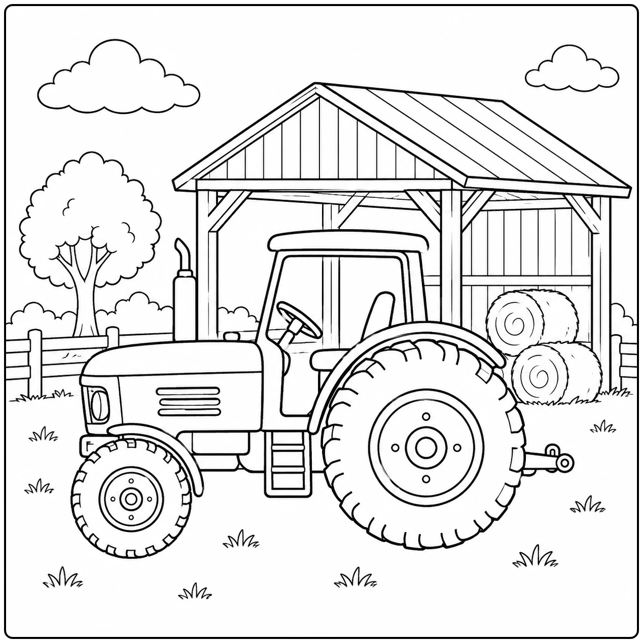 Tractor geparkeerd voor een open schuur met hooibalen, weergegeven als Boerderijtrekker kleurplaat