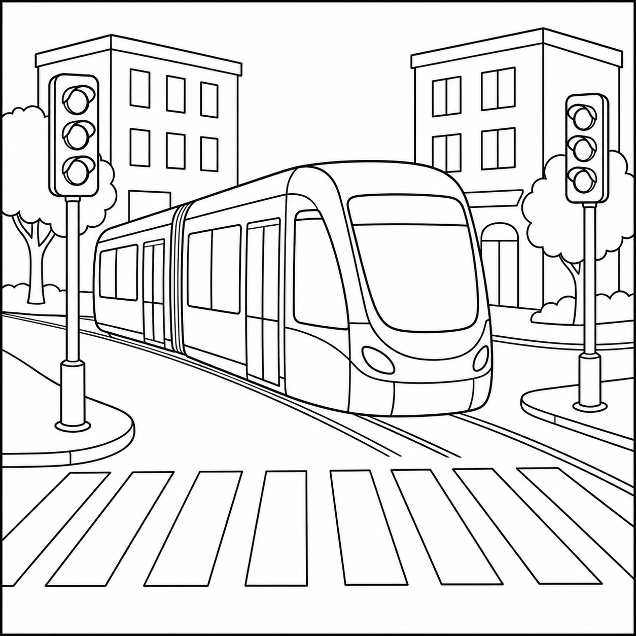 Moderne tram rijdt door een stadskruispunt met zebrapad en een kleurplaat verkeerslicht