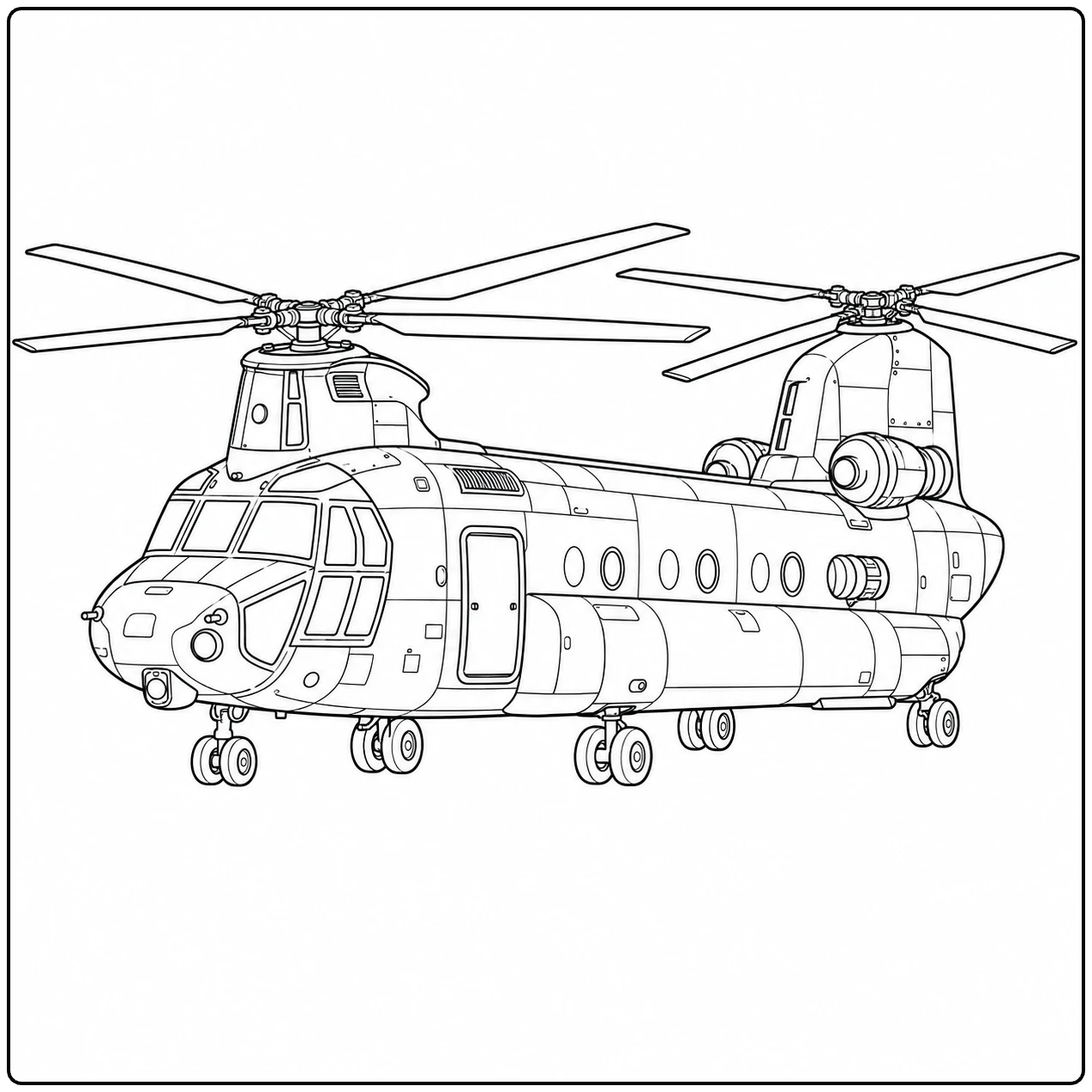 Grote transporthelikopter met twee rotors, ronde ramen, zijdeur en meerdere landingswielen