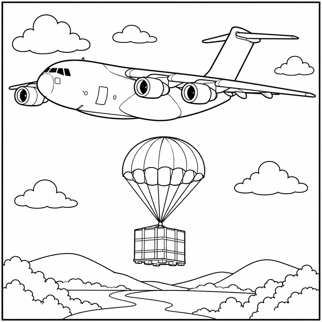 Transportvliegtuig vliegt boven bergen terwijl een voorraadkist aan een parachute daalt