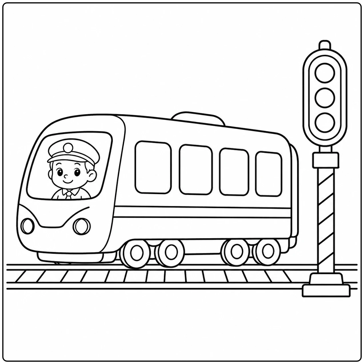 Vriendelijke trein met machinist bij een hoog spoorsein en eenvoudige rails