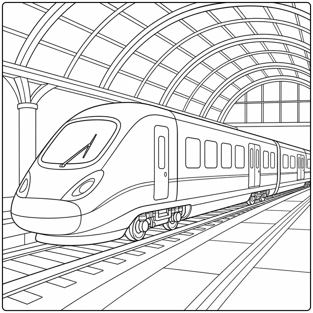 Trein onder een grote gebogen stationskap in een gedetailleerde Moderne en Hogesnelheidstrein Kleurplaat