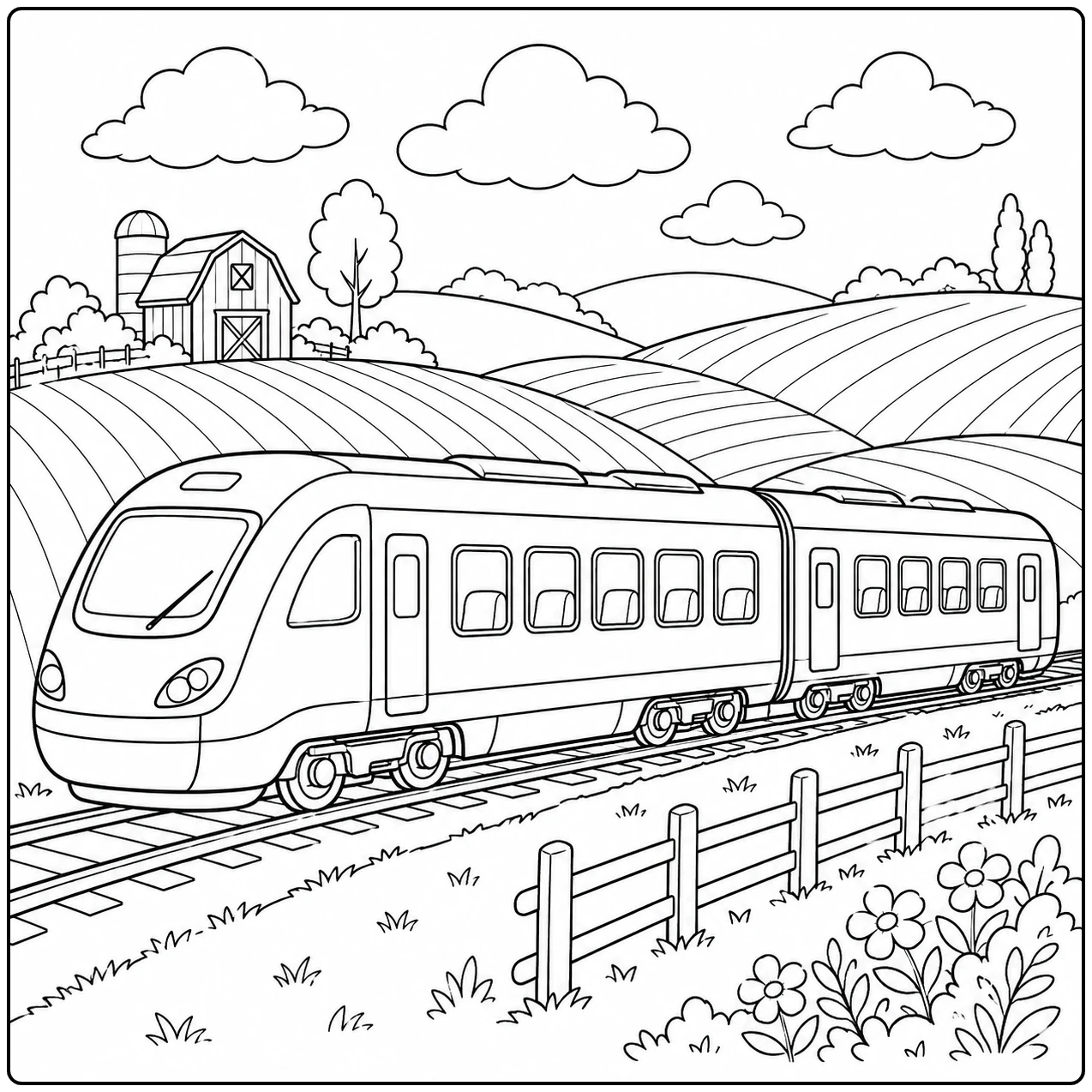 Moderne trein rijdt door akkers met een boerderij, schuur en bloemen achter een houten hek