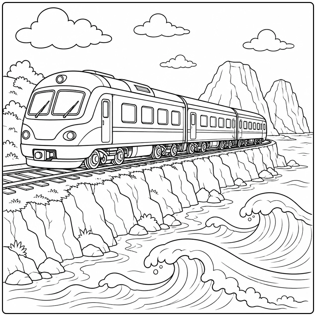 Langs hoge kliffen rijdt een trein boven wilde golven in deze Treinreis door Mooie Landschappen Kleurplaat