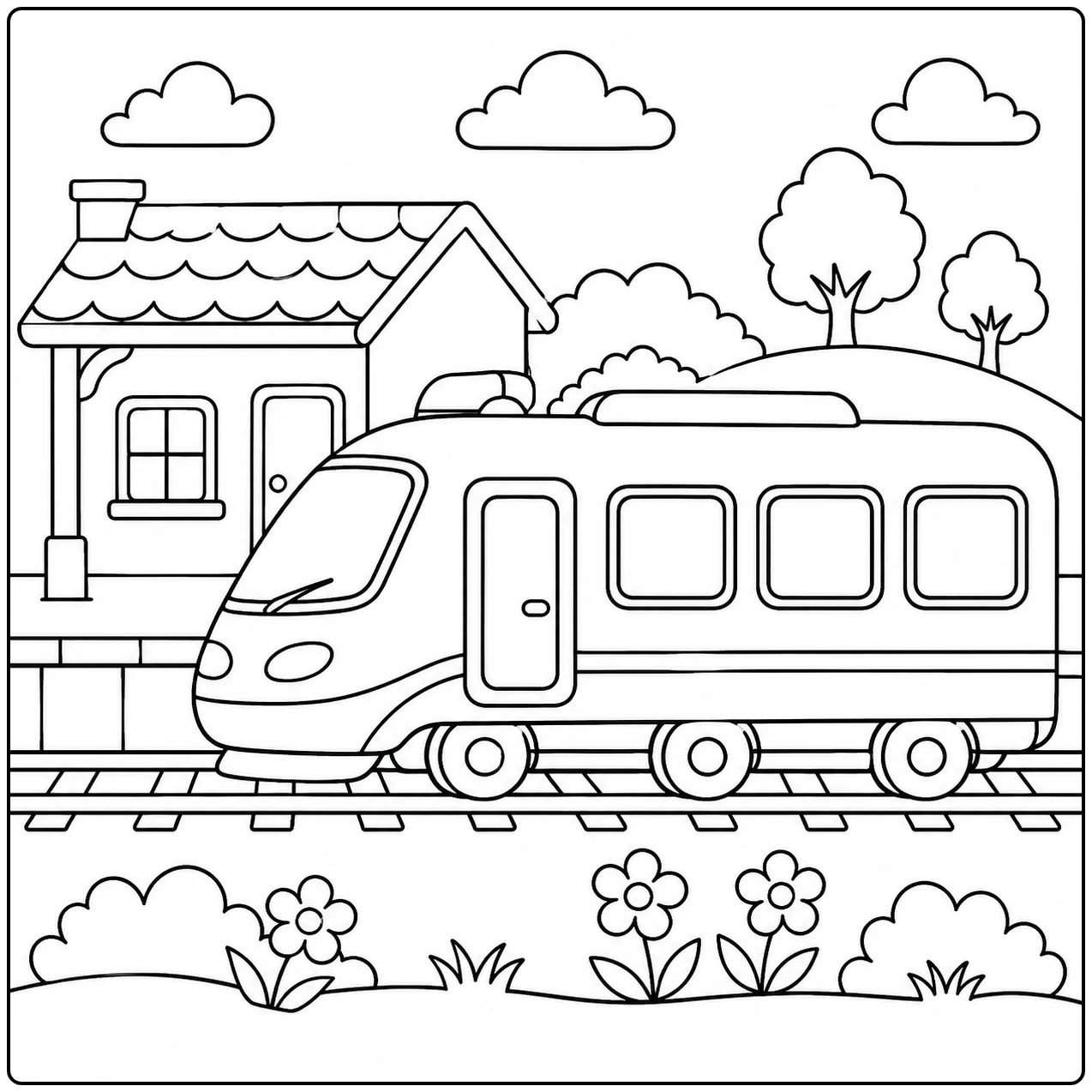 Gestroomlijnde trein rijdt langs een klein station met bloemen, bomen en wolken