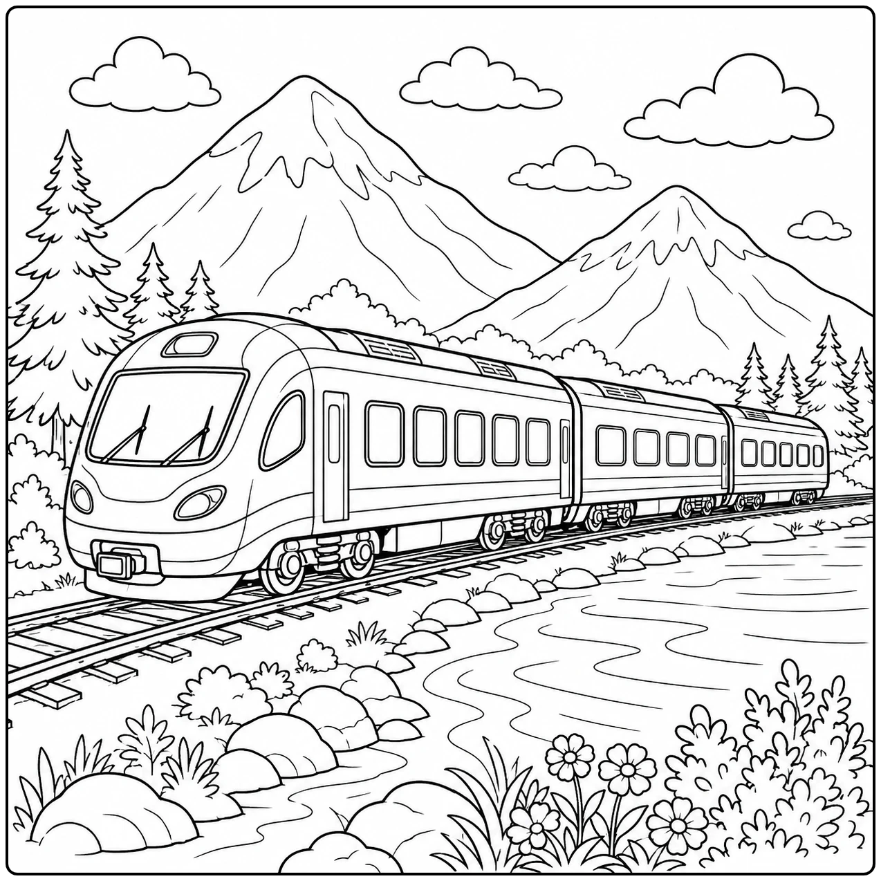 Treinreis door Mooie Landschappen Kleurplaat met een moderne trein langs een rivier en hoge bergtoppen