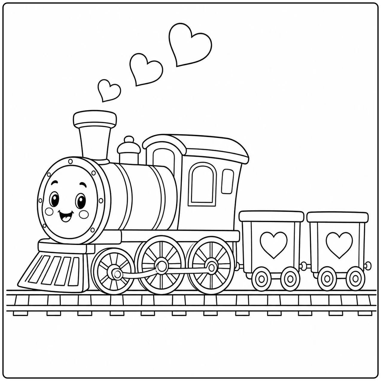 Kleine stoomlocomotief rijdt met twee hartjeswagons terwijl drie hartjes boven de trein zweven