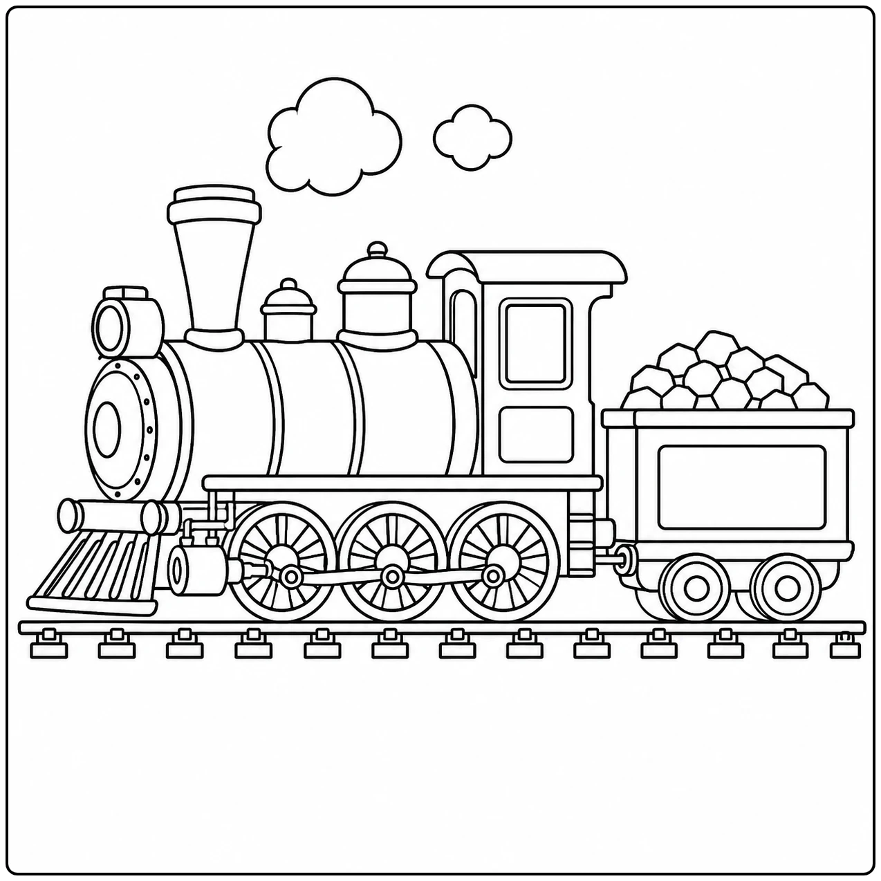 Eenvoudige locomotief met drie grote wielen en een open wagon vol kolen op rechte rails