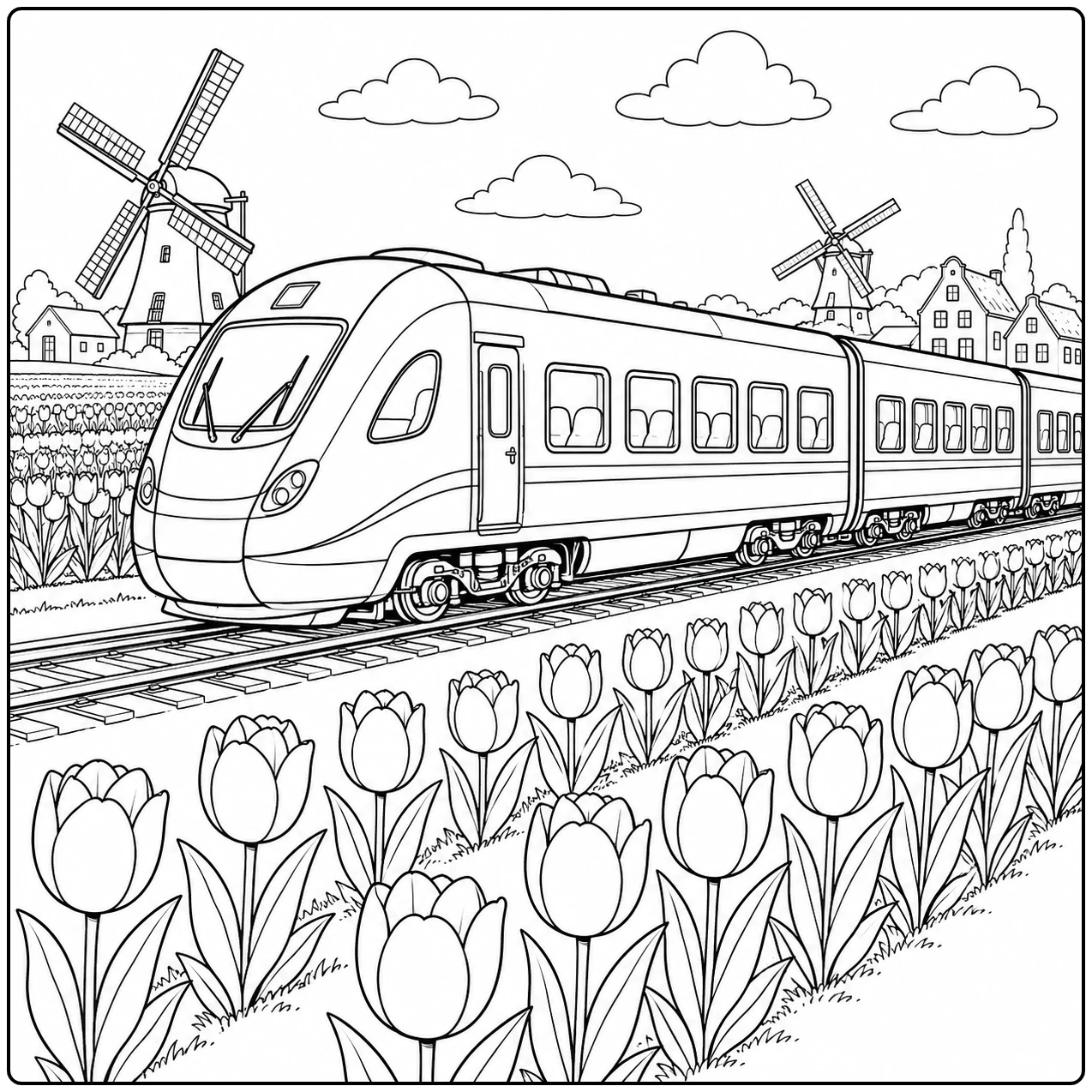Tulpen en windmolens omlijsten de treinrit in een Treinreis door Mooie Landschappen Kleurplaat