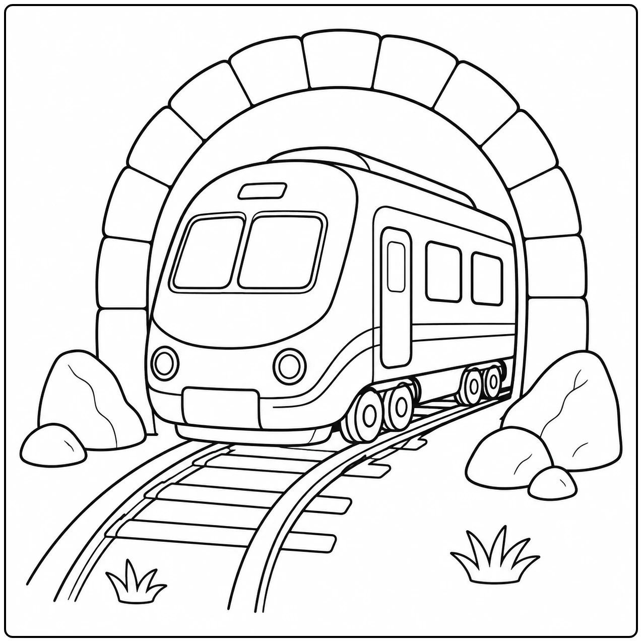 kleurplaat trein met een moderne trein die uit een stenen tunnel over gebogen rails rijdt