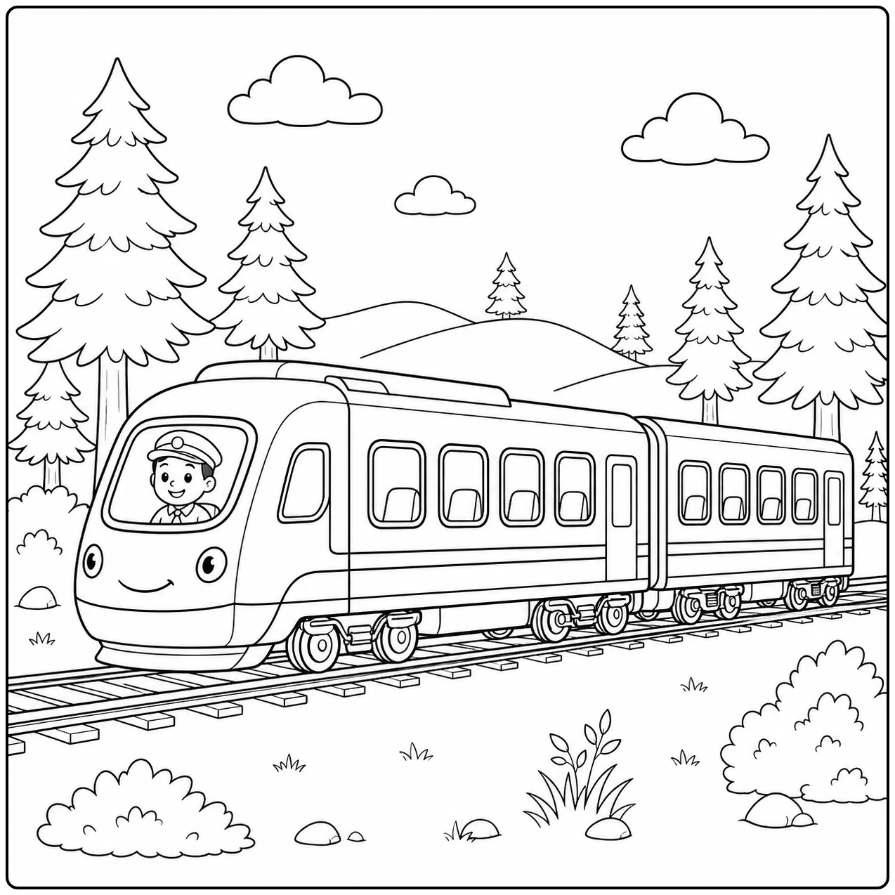 Moderne trein met machinist rijdt tussen hoge dennen en glooiende heuvels onder rustige wolken