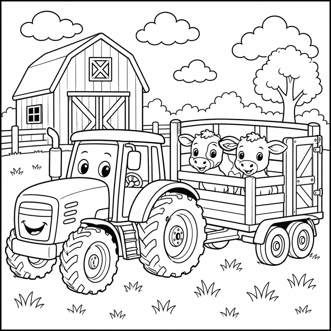 Kleurplaat tractor met aanhanger waarin jonge dieren veilig meerijden bij de boerderij