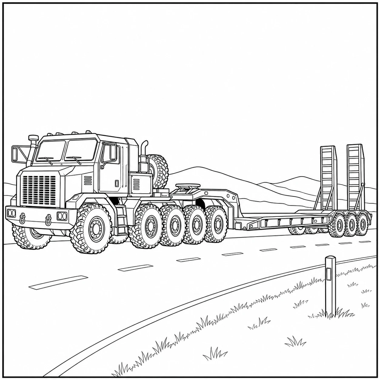 Zware trekker met lege dieplader rijdt over een rustige weg langs lage heuvels.