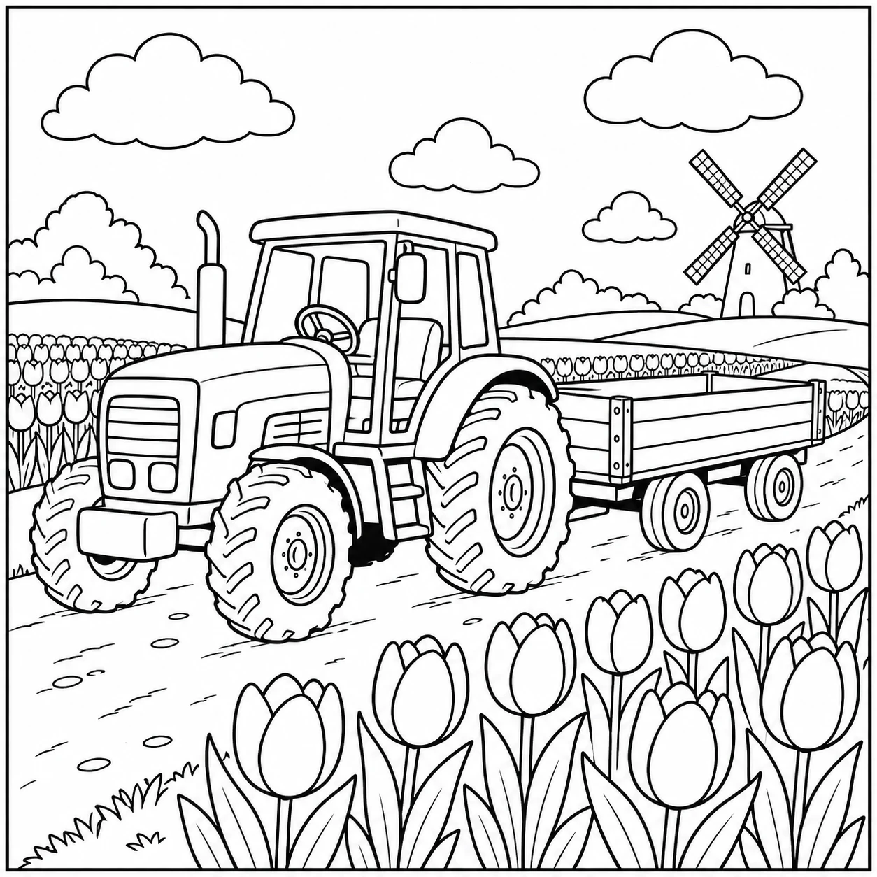 Tractor met houten wagen vol hooibalen naast een schuur en rustig boerenlandschap