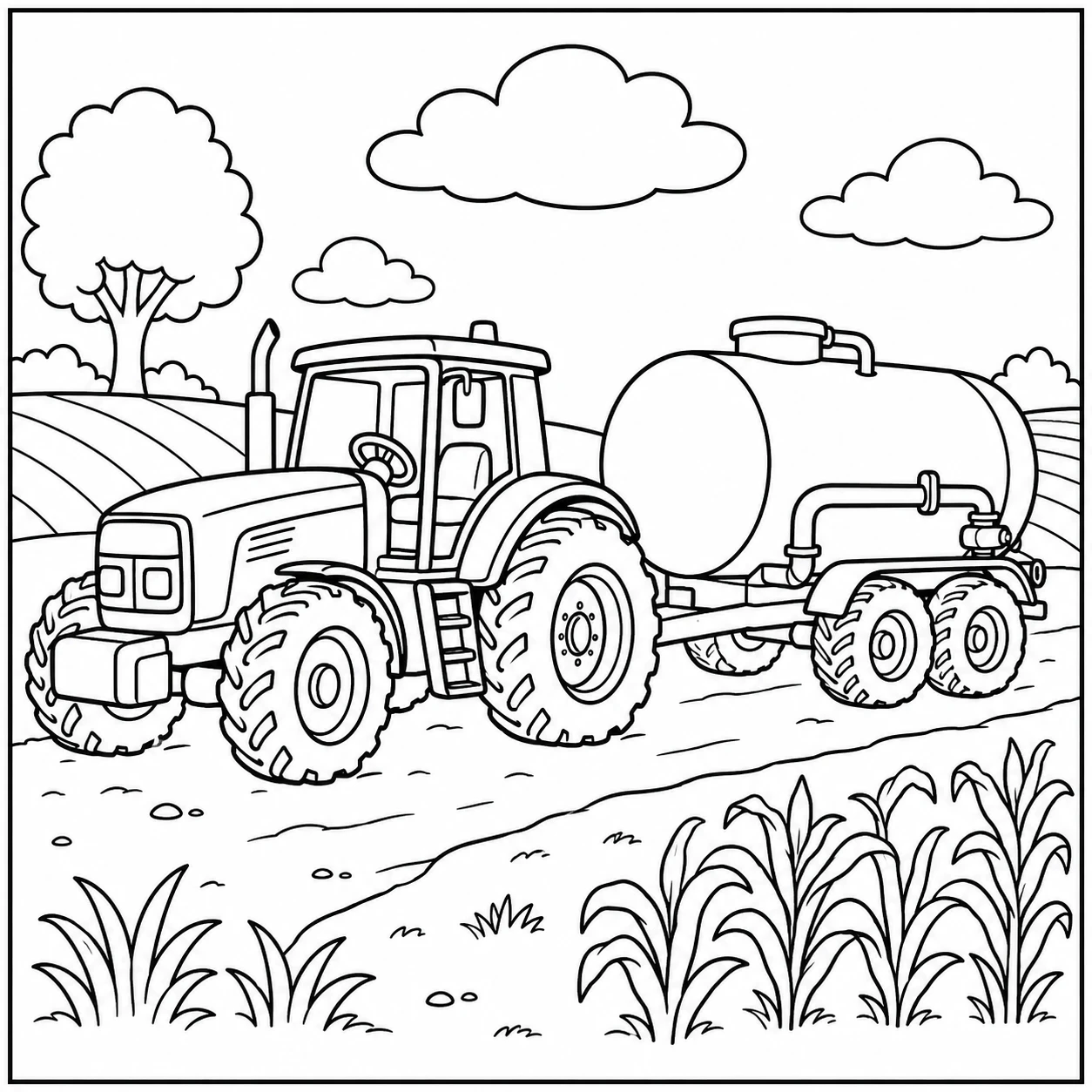 Tractor met watertank achteraan tussen de gewassen op een landelijke akker