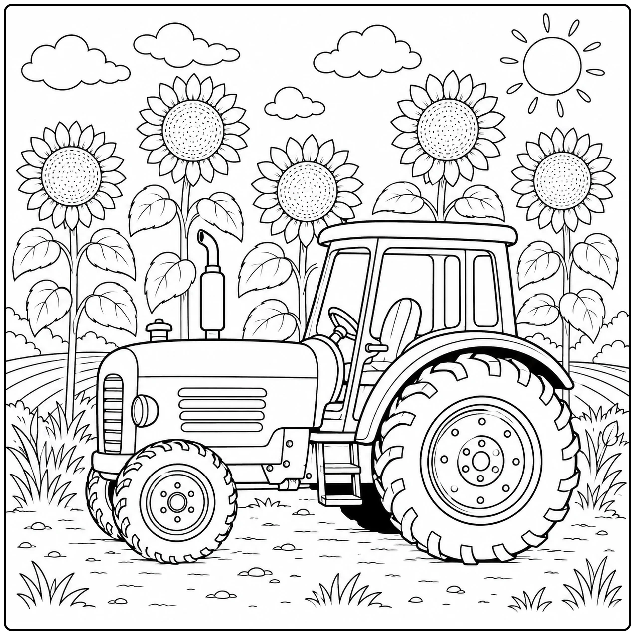 Tractor staat tussen hoge zonnebloemen met grote bloemhoofden, wolken en een kleine zon erboven