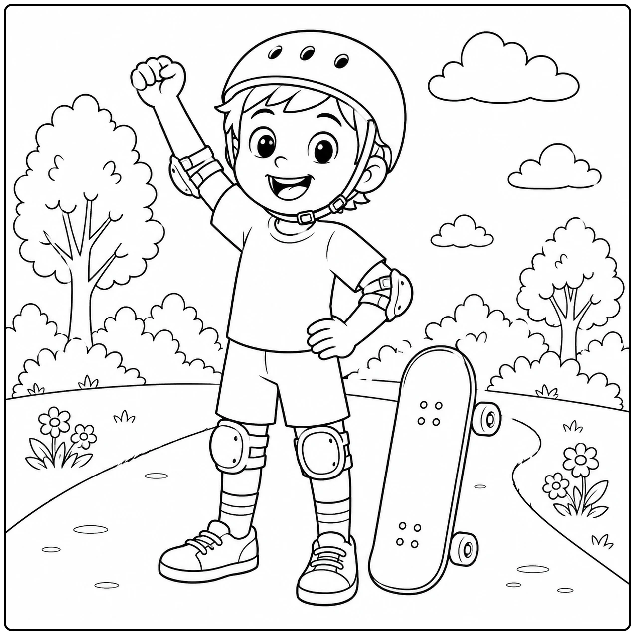 Jongen met helm steekt trots zijn vuist omhoog naast een rechtopstaand skateboard in het park