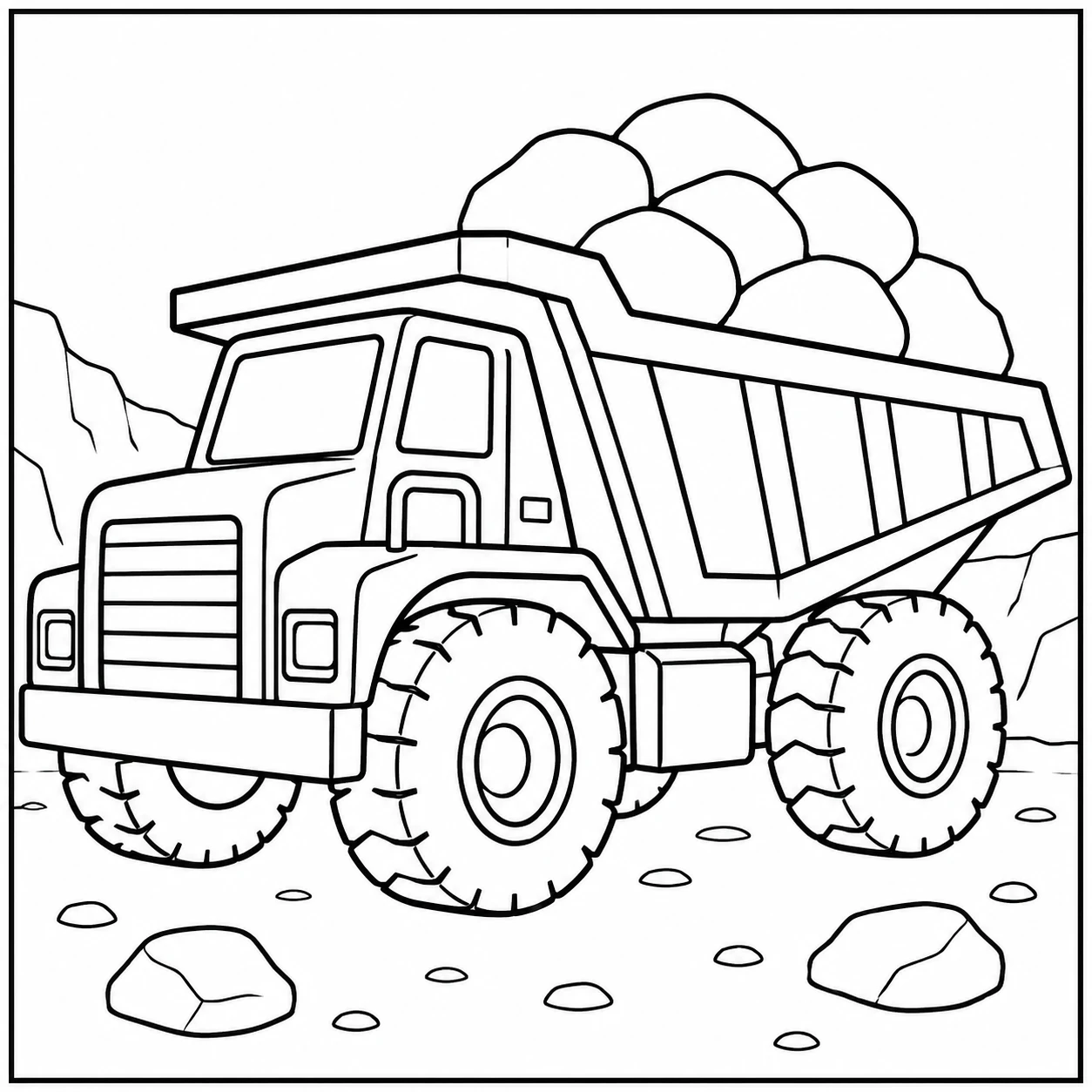 Kiepwagen met ronde stenen in de verhoogde laadbak op een eenvoudig bouwterrein