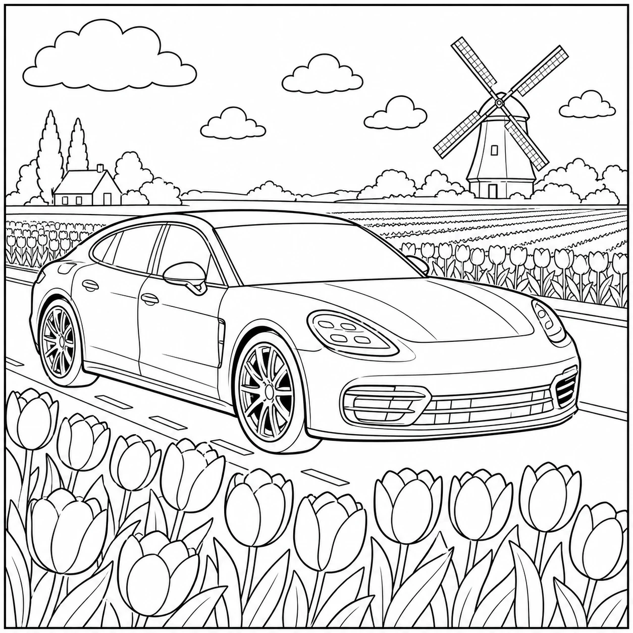 Porsche Panamera kleurplaat auto tussen tulpenvelden met een brede weg en bloemenlandschap
