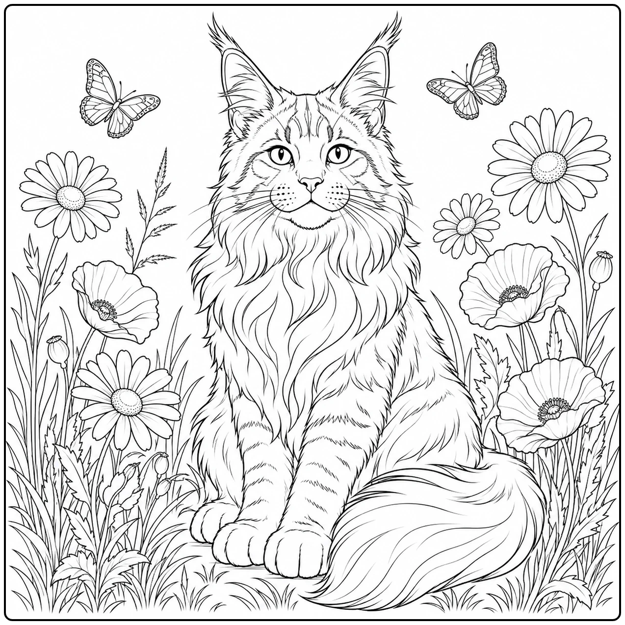 Langharige kat tussen madeliefjes en klaprozen, omringd door twee vlinders.