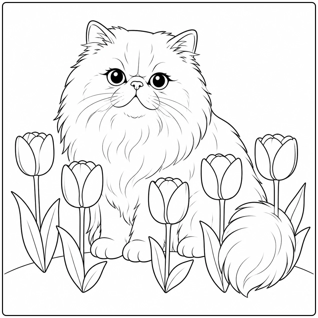 Tussen hoge tulpen zit een kleurplaat perzische kat met een volle staart.