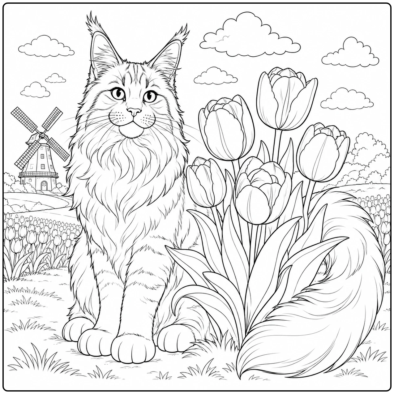 kleurplaat maine coon tussen hoge tulpen, met een molen en wolken op de achtergrond.
