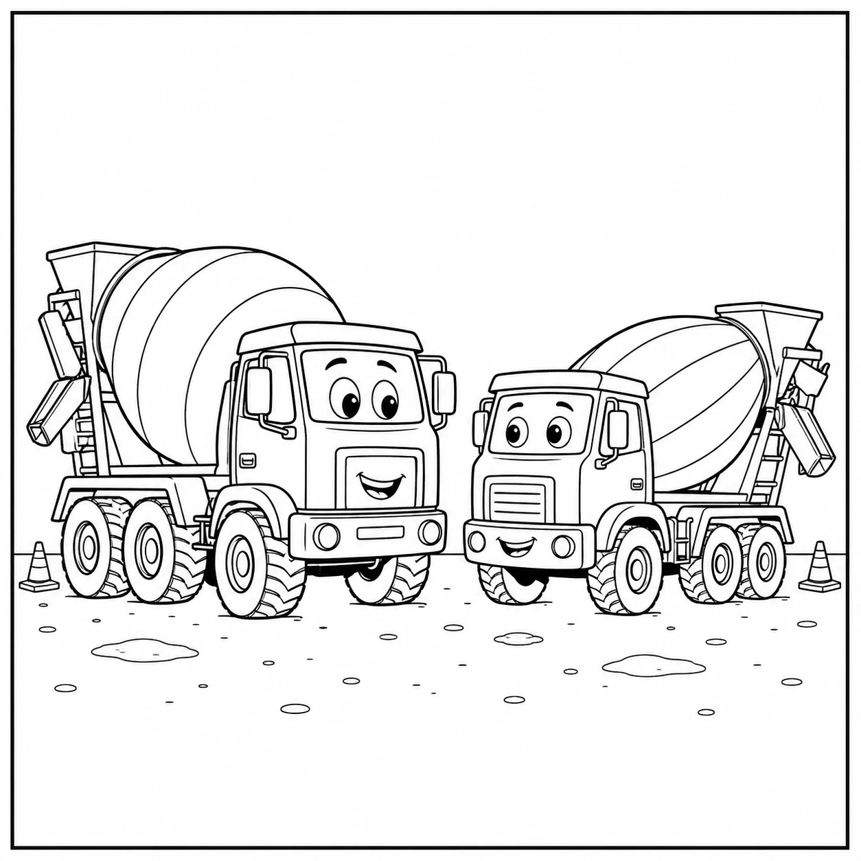 Twee vriendelijke cartoonbetonmixers staan samen op een open terrein met kleine stenen.