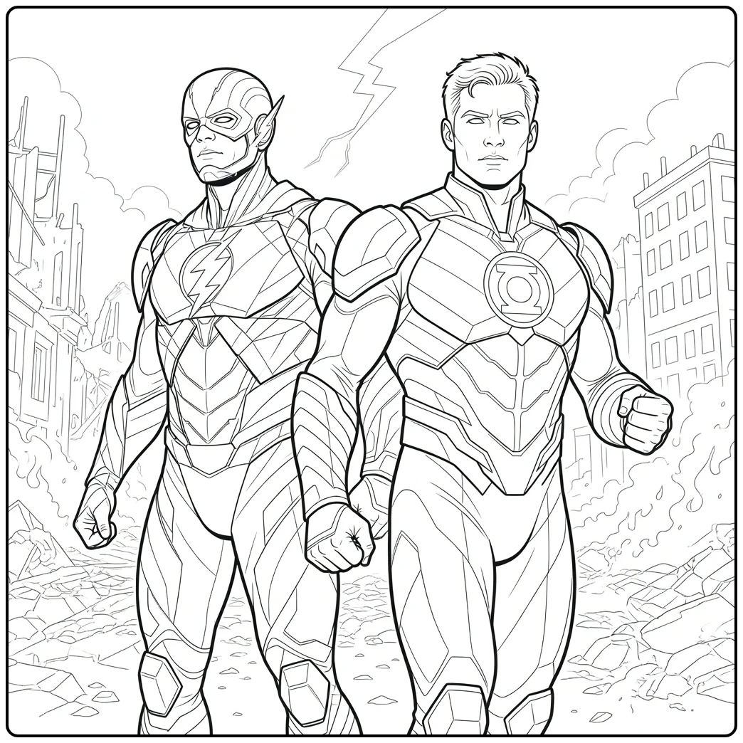 Twee gepantserde figuren met emblemen op de borst staan naast elkaar Green Lantern Kleurplaat