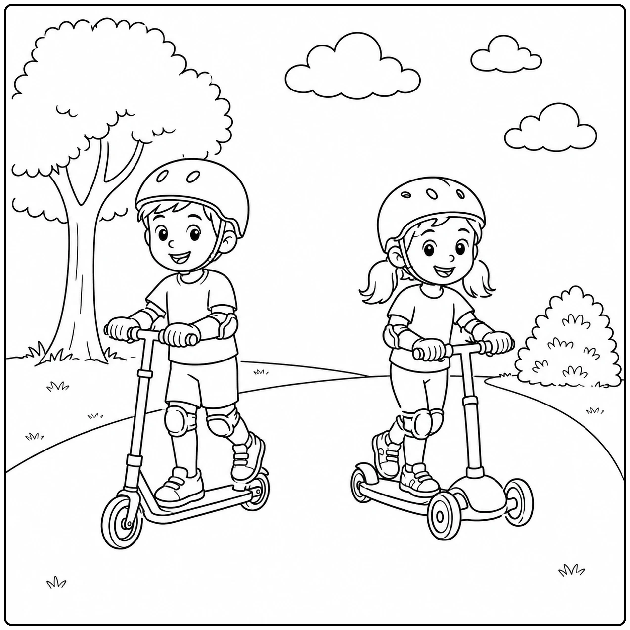 Twee kinderen rijden samen op een kleurplaat scooter door een rustig groen park.