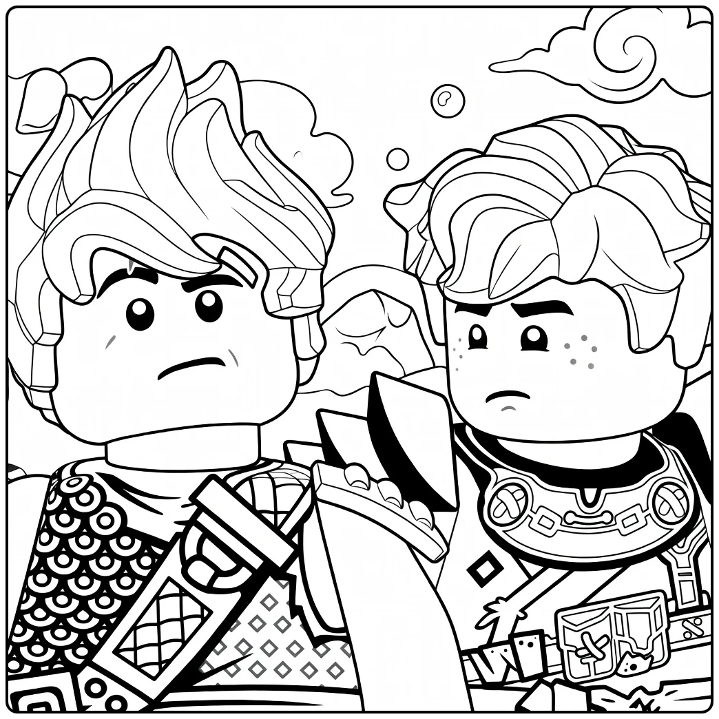 Twee figuren met spiky en golvend haar die bezorgd voorwaarts kijken kleurplaat ninjago kai