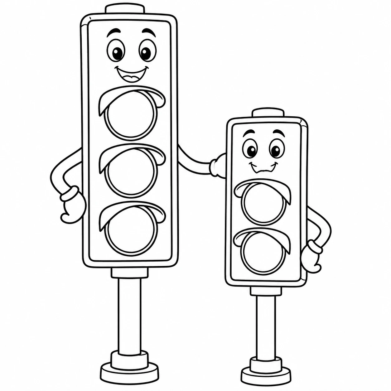 Groot en klein verkeerslicht staan glimlachend naast elkaar als twee goede vrienden