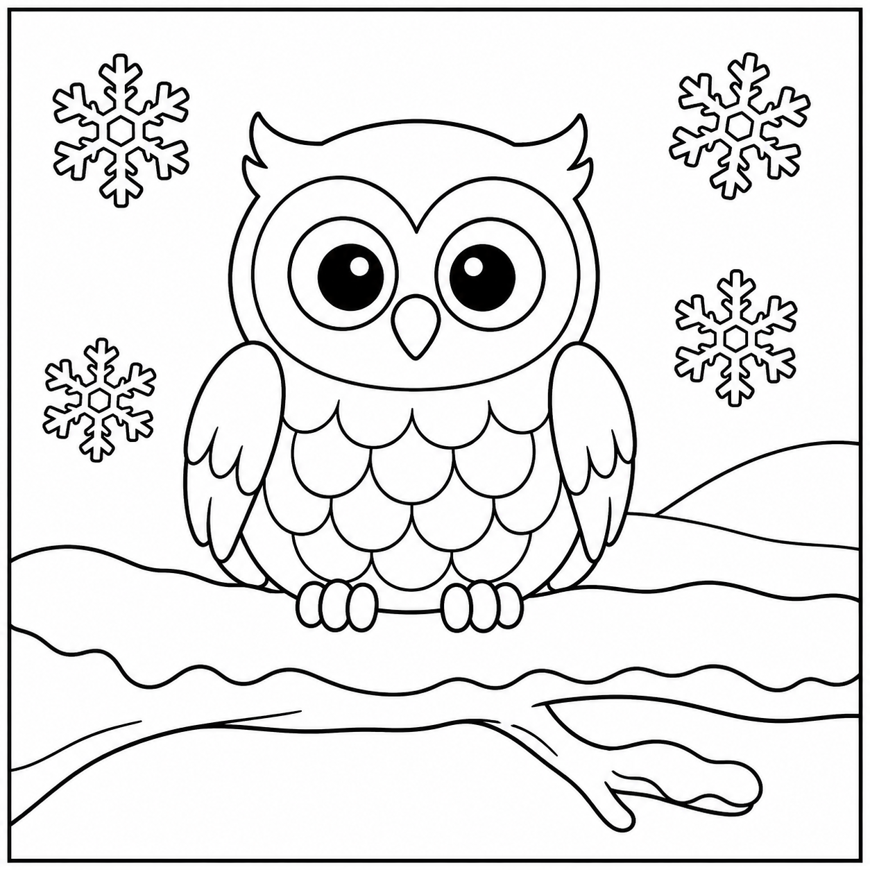 Grote uil zit op een besneeuwde tak terwijl sneeuwvlokken rondom naar beneden dwarrelen