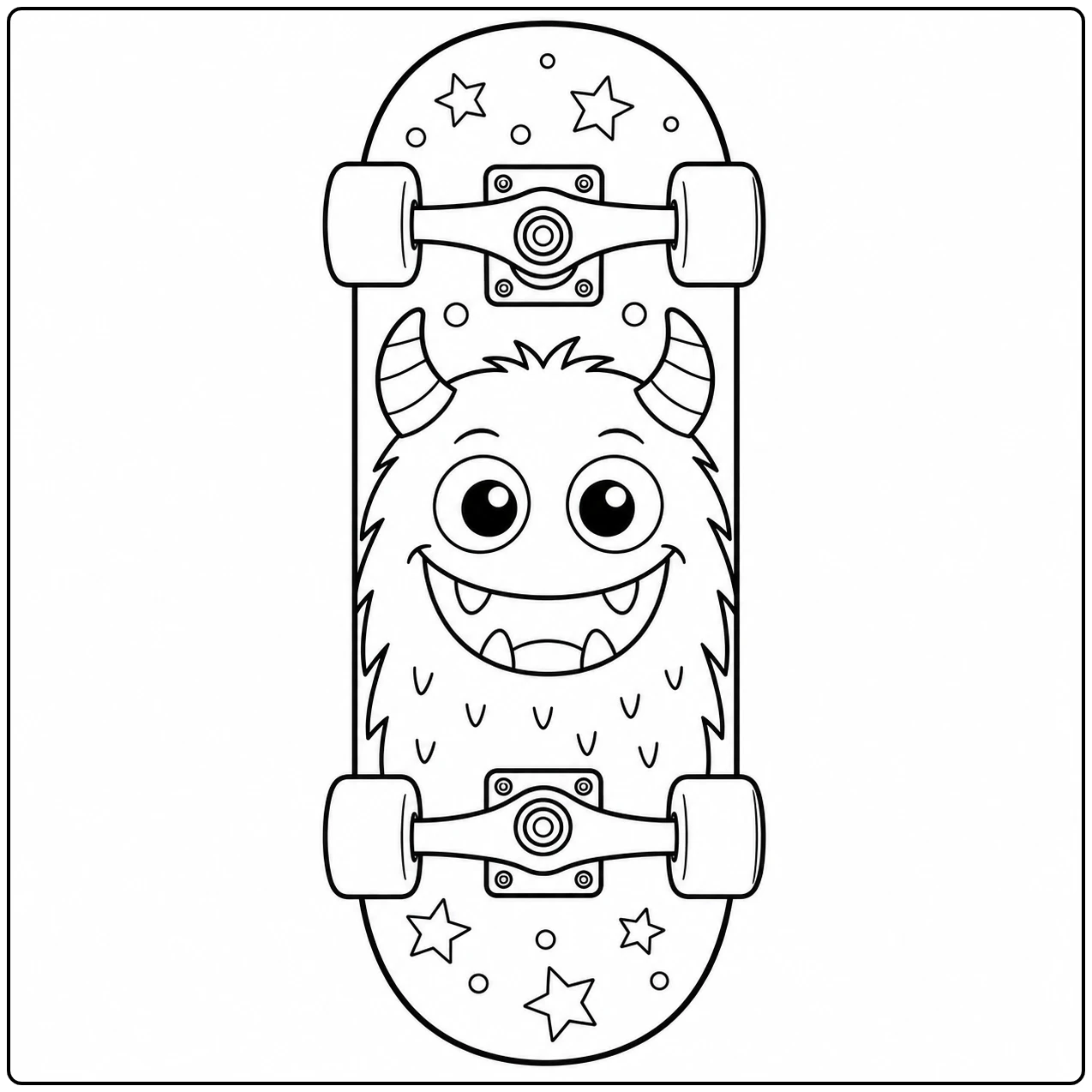 Uil kijkt vrolijk tussen de wielen van een skateboard met sterren als speelse versiering