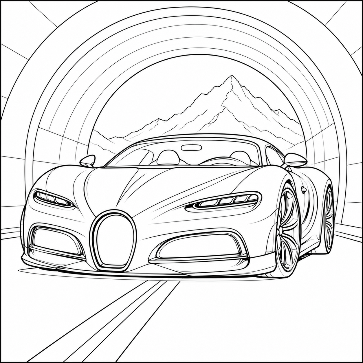 Bugatti komt uit een ronde tunnel met een berglandschap zichtbaar in de verte.