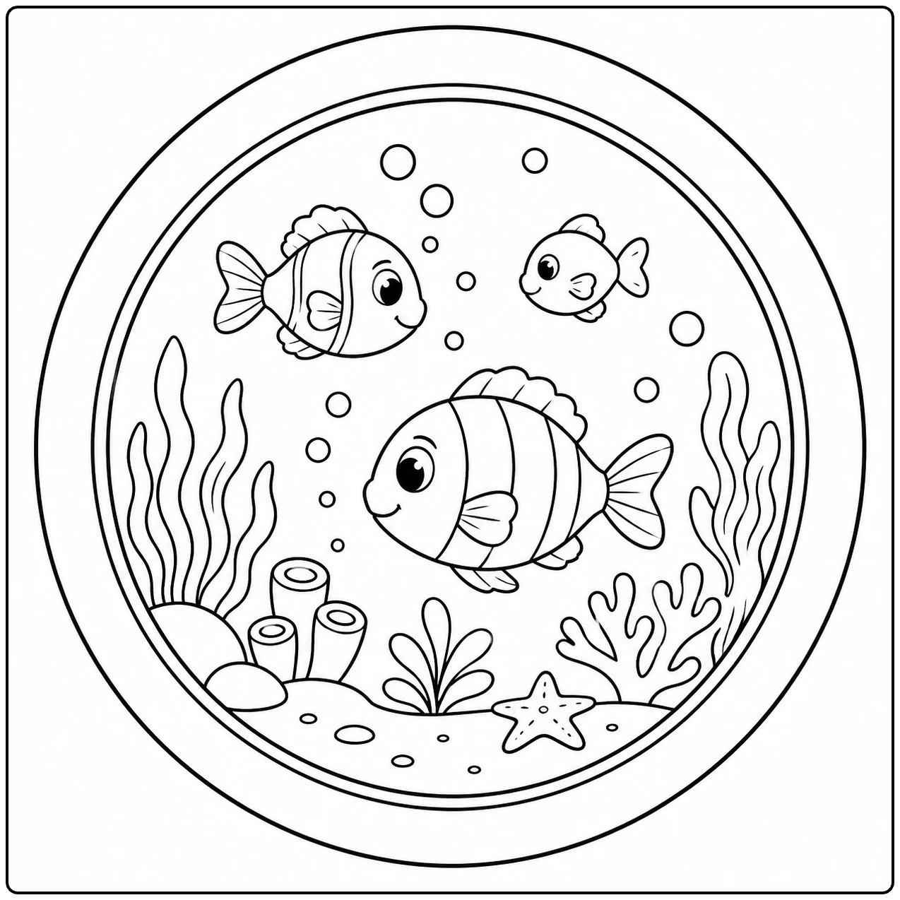 Ronde patrijspoort met uitzicht op vissen, zeewier, koraal en opstijgende bubbels.