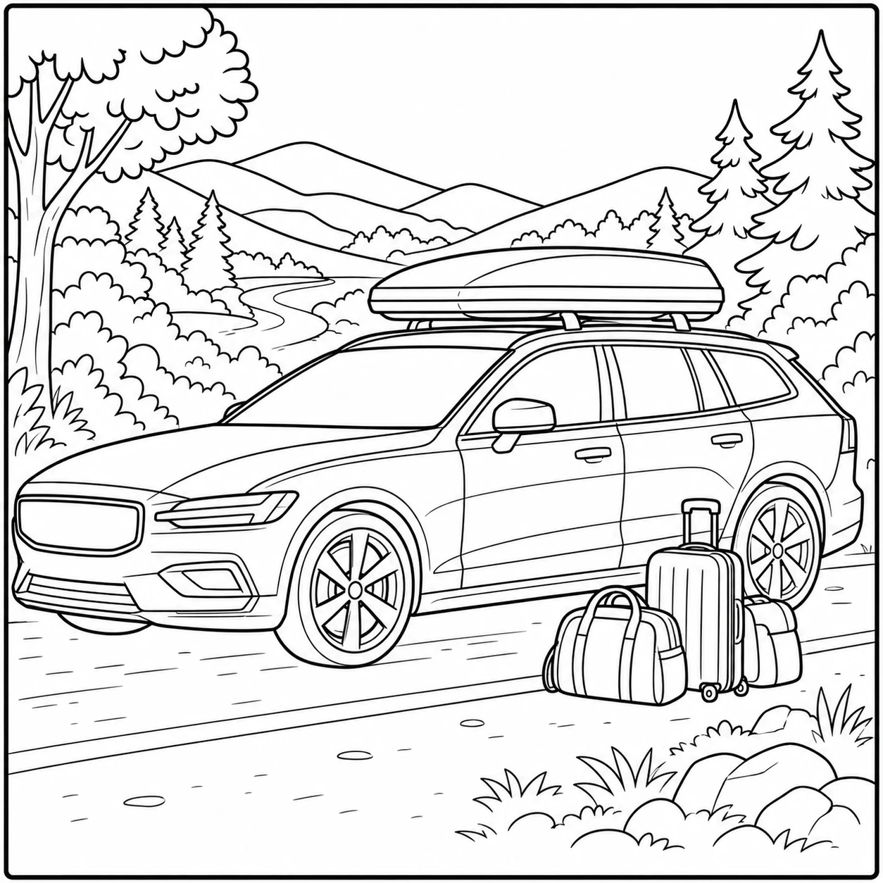 Moderne stationwagen met dakkoffer en bagage in een natuurlijk berglandschap