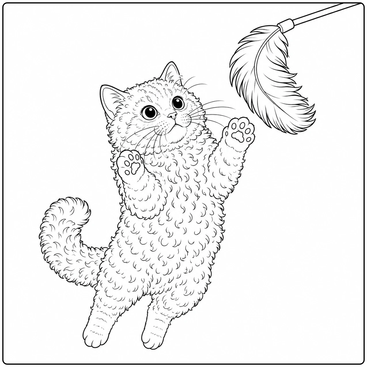 Een kleurplaat selkirk rex reikt met opgeheven poot naar een zacht veertje aan een stok.
