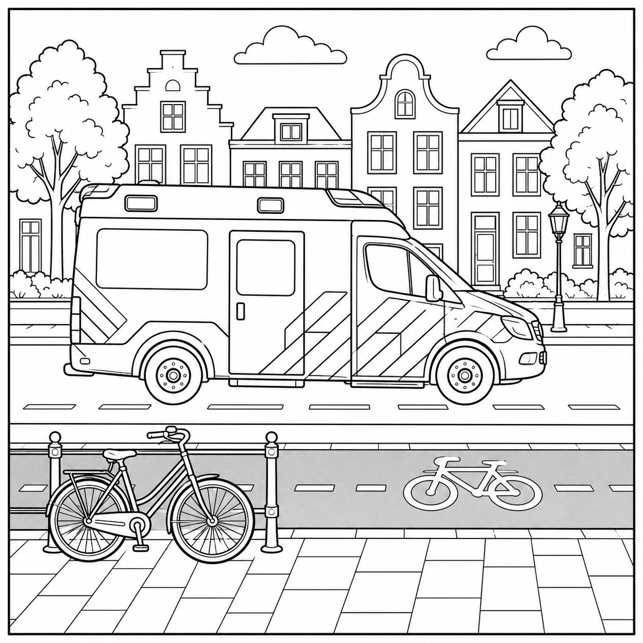 Ambulance naast een afgescheiden fietspad met een geparkeerde fiets en straatlantaarn