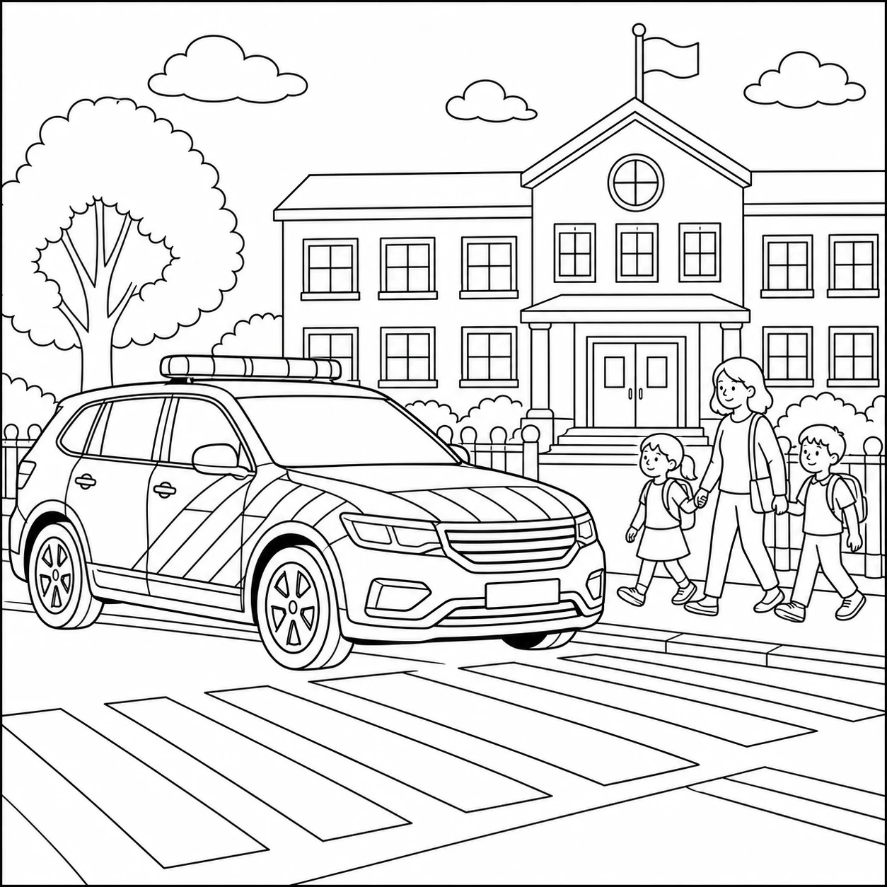 Politieauto bij een brede oversteek voor een school, terwijl een volwassene met twee kinderen loopt.