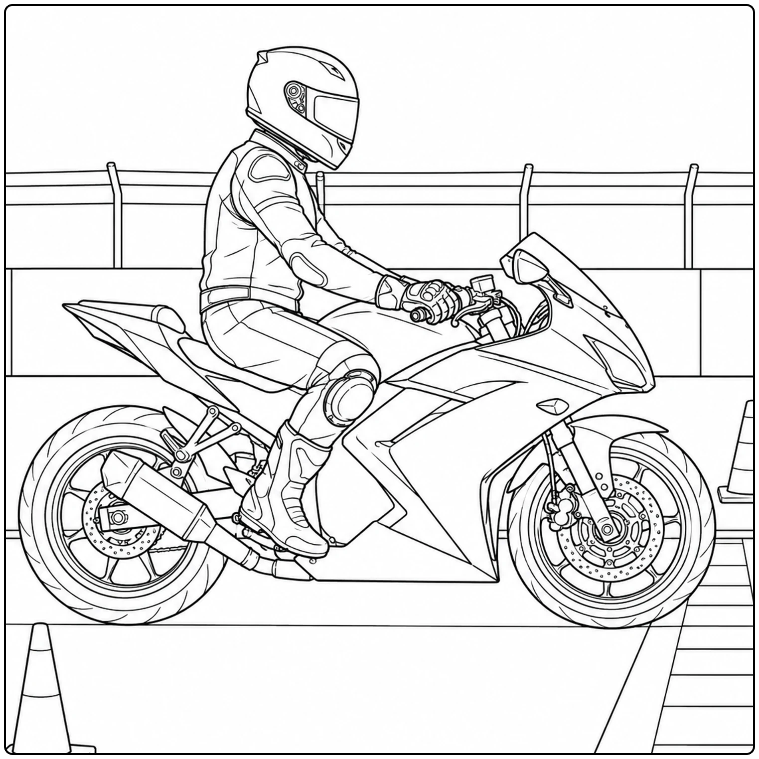 Motorrijder met helm en beschermende kleding op een sportmotor tussen pionnen op het circuit