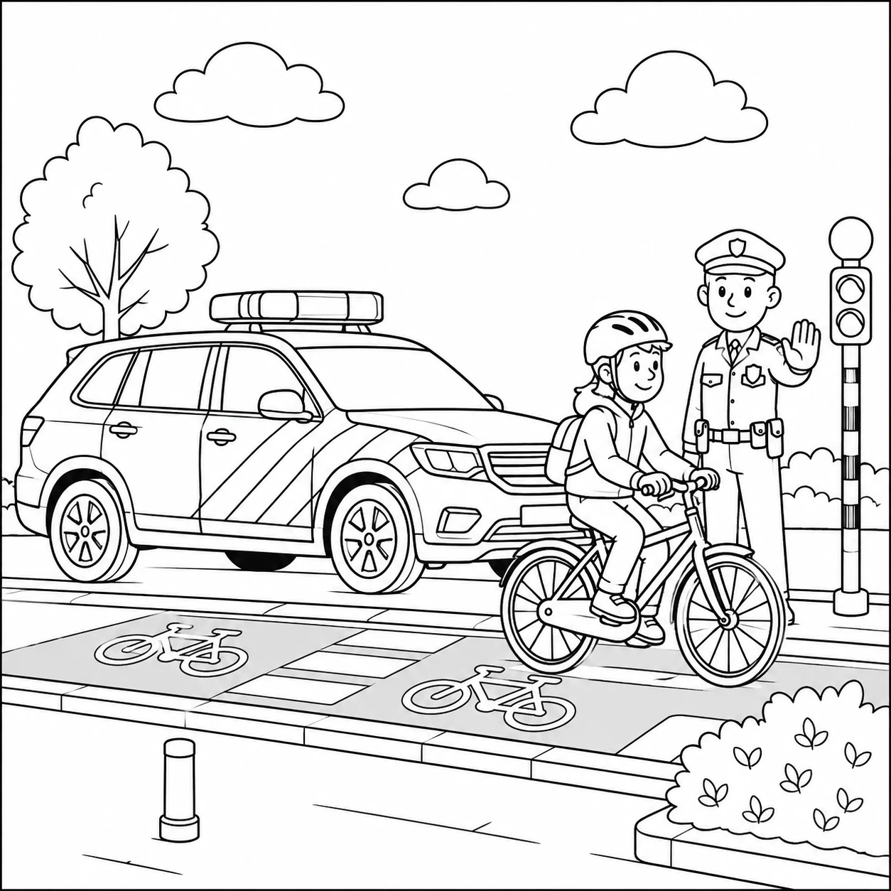 Een fietser steekt veilig over terwijl een agent naast de kleurplaat politieauto een handgebaar geeft.