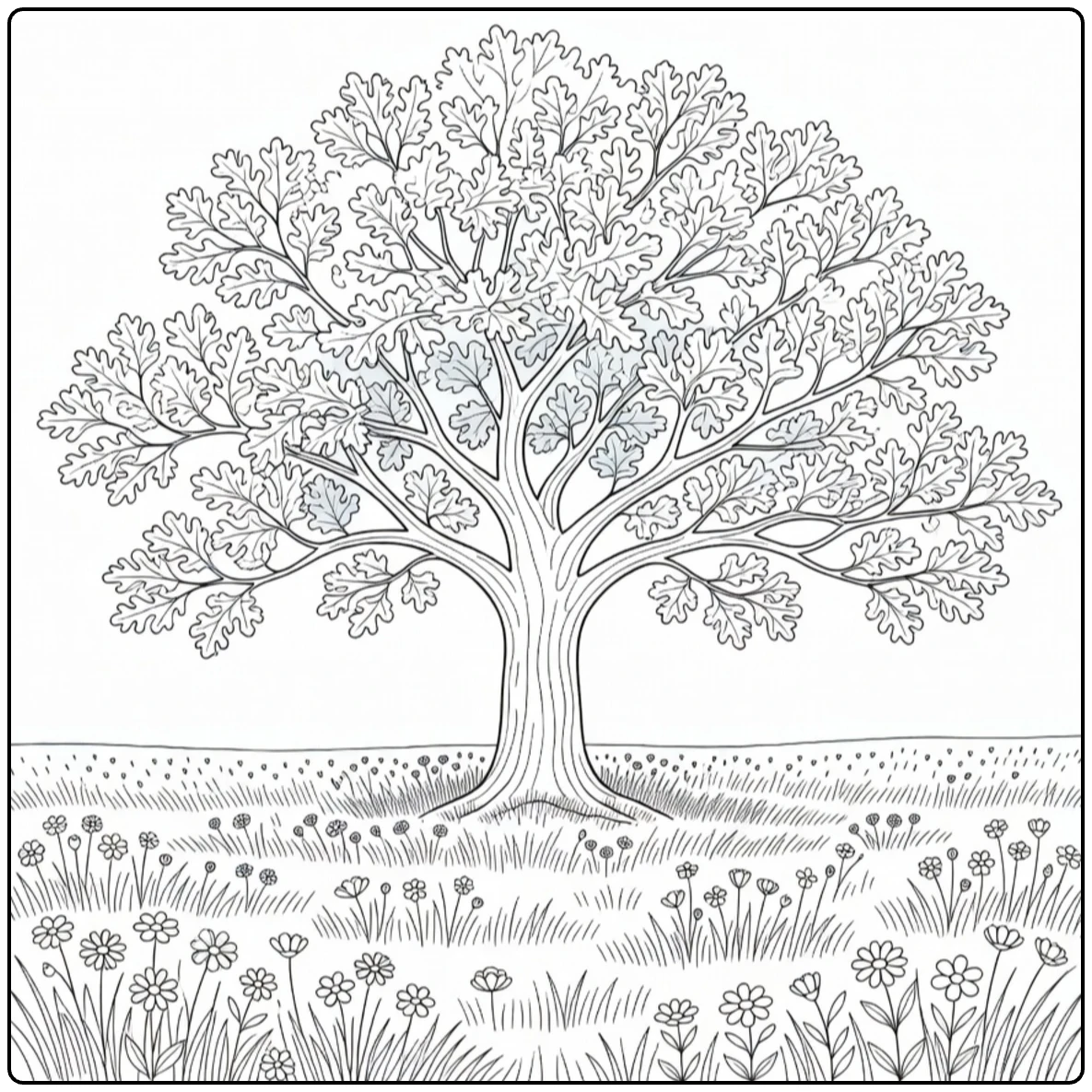 Veld Kleurplaat van vredig veld met eik en bloemen