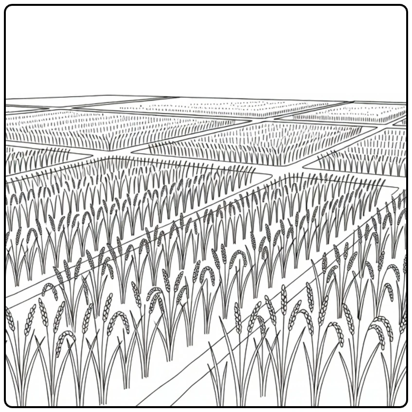 Veld Kleurplaat van rijstveld met planten en kanalen