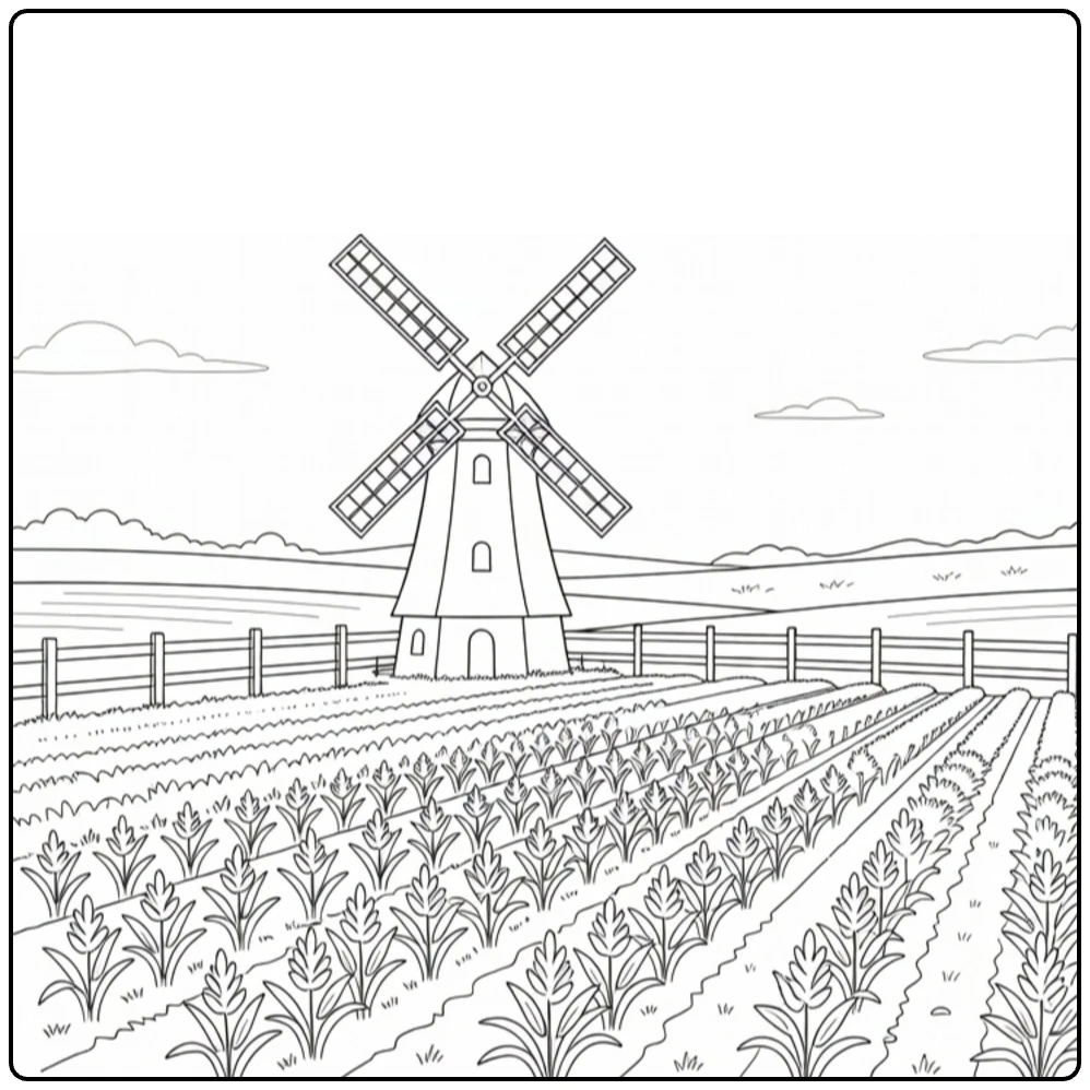 Veld Kleurplaat met windmolen en akkers