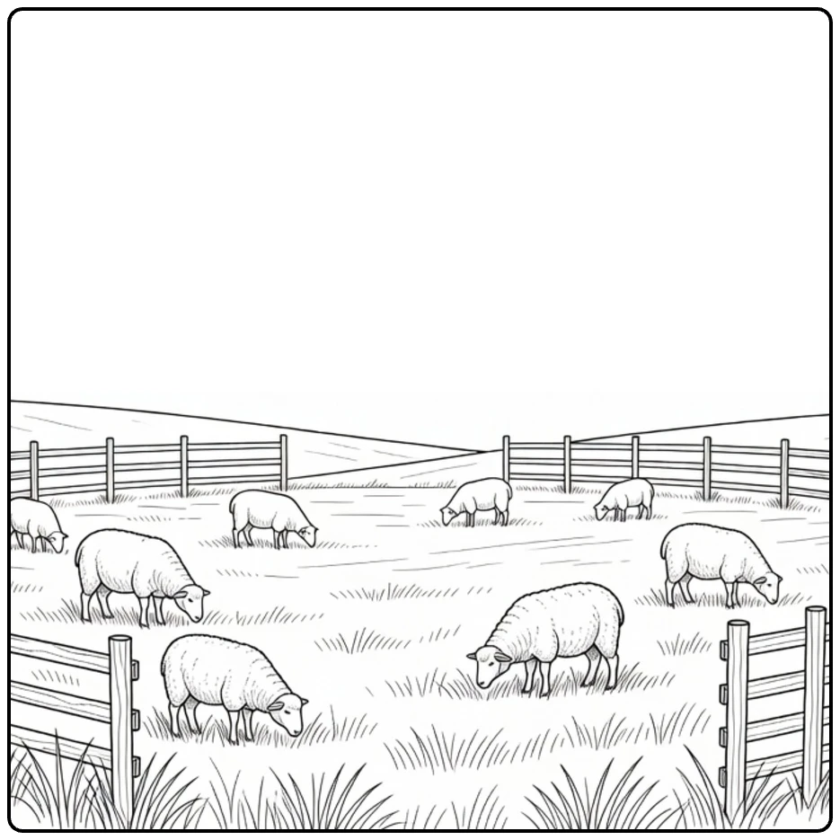 Veld Kleurplaat met grazende schapen en hek