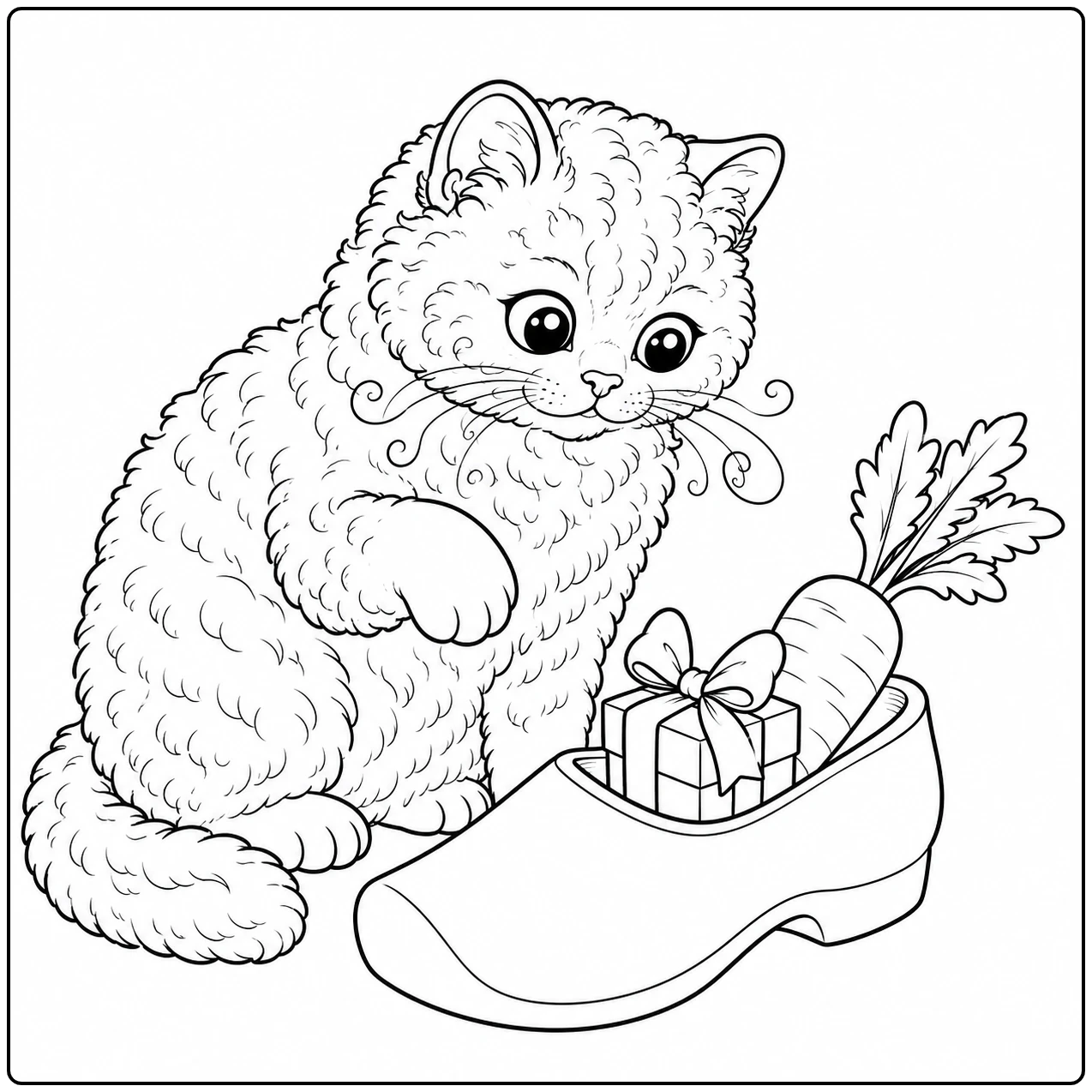 Nieuwsgierig kitten bekijkt een gevulde houten klomp, als feestelijke kleurplaat selkirk rex.