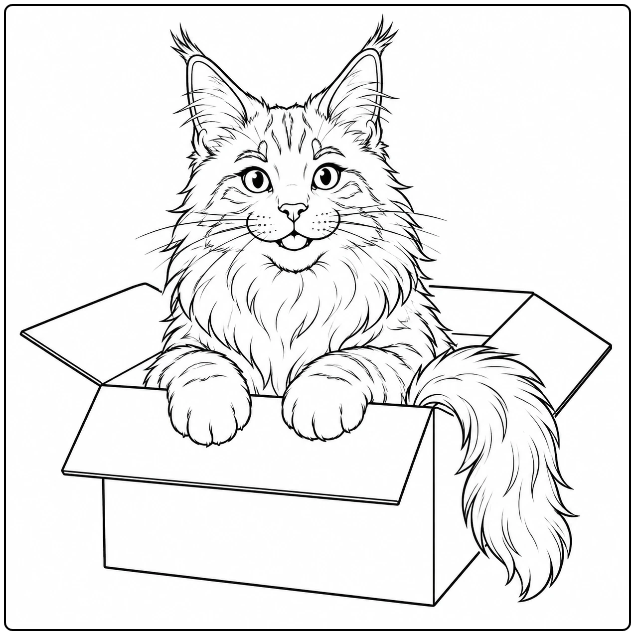 Pluizige kat kijkt vanuit een open kartonnen doos, met de staart sierlijk over de rand.