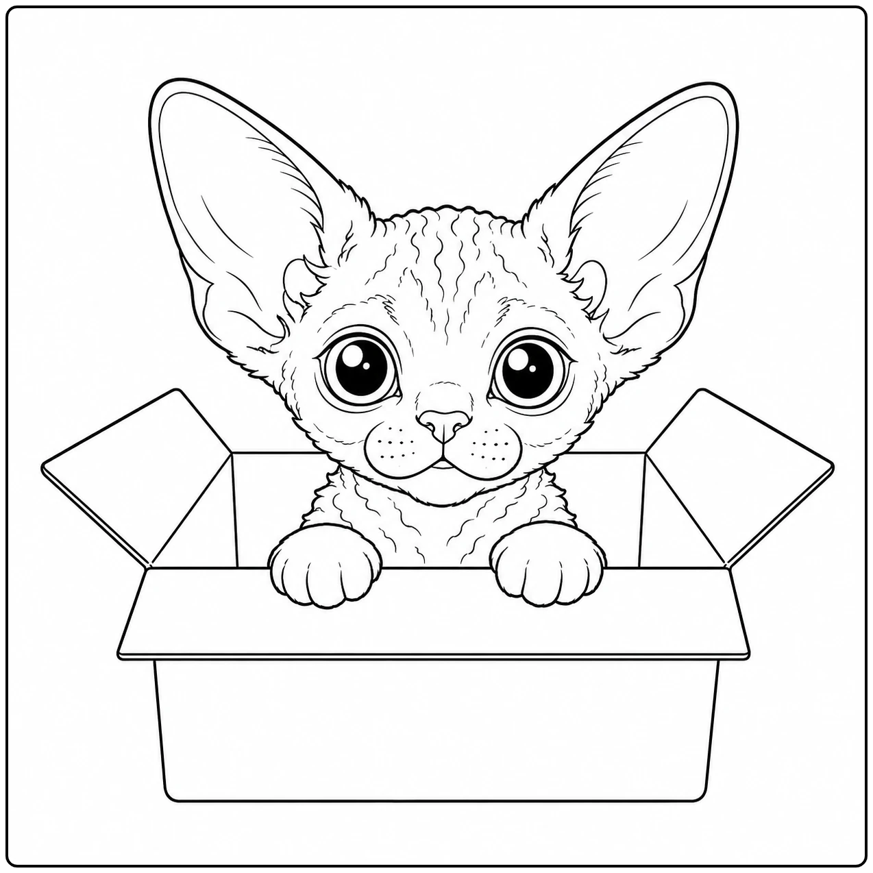Nieuwsgierige kitten steekt haar kop en voorpoten boven een open kartonnen doos uit.