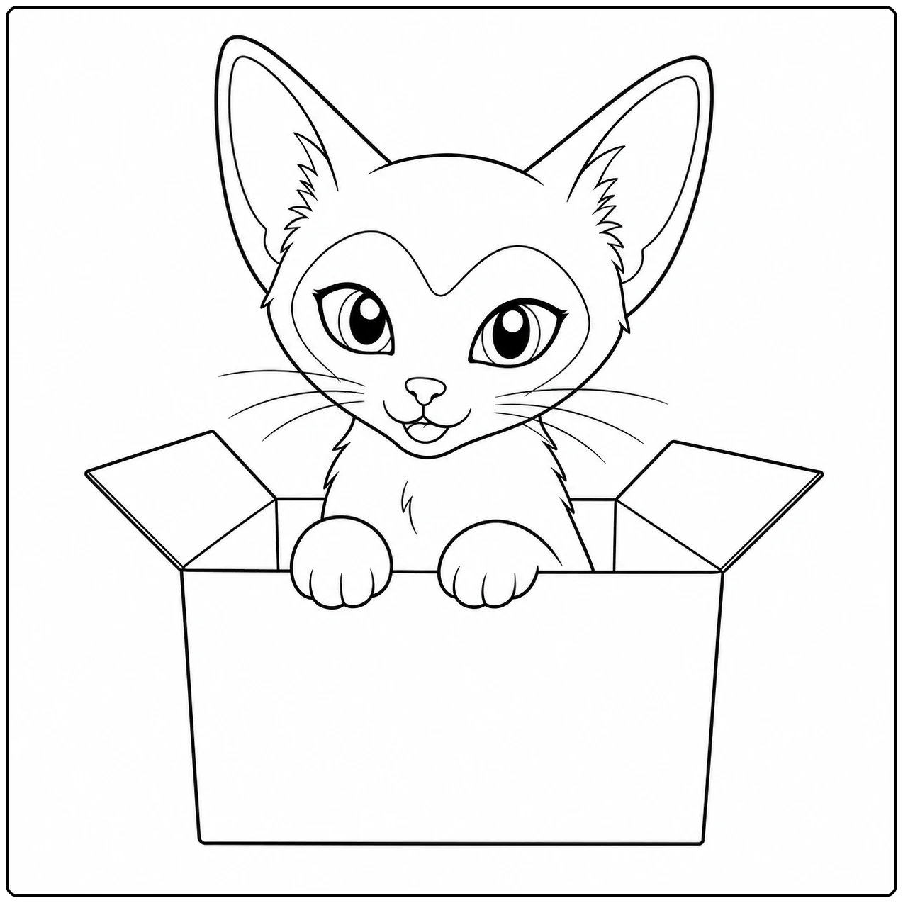 Nieuwsgierige kitten gluurt uit een open kartonnen doos, met de voorpoten over de rand