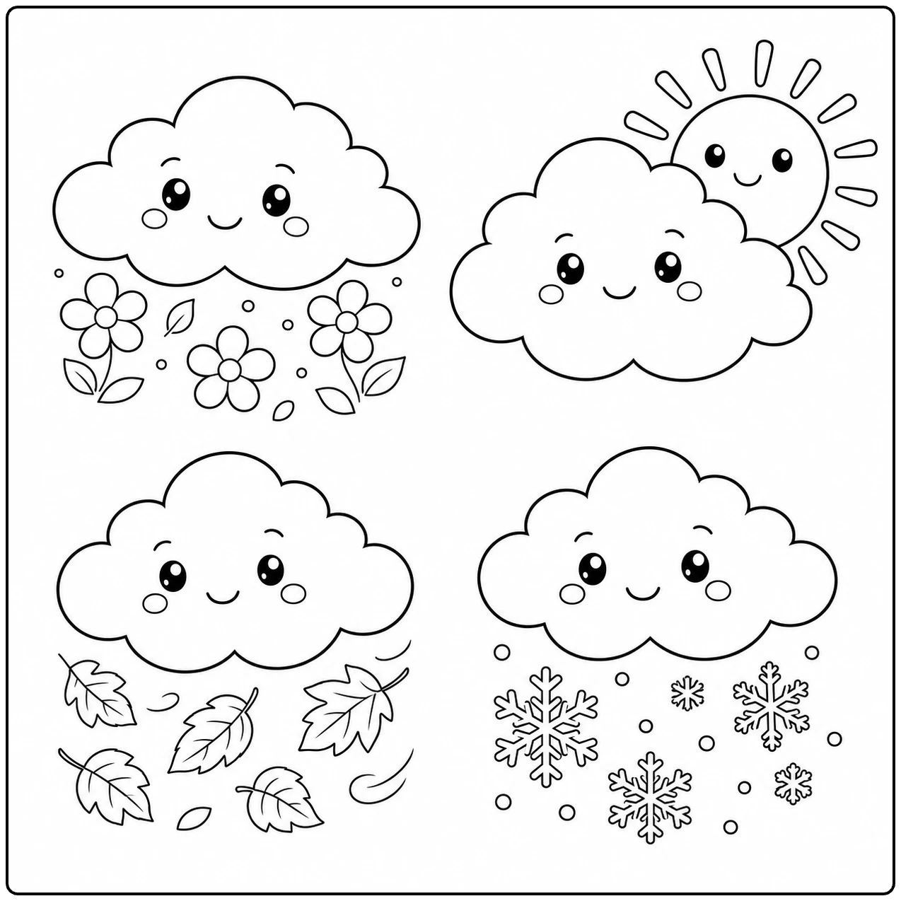 Vier seizoenswolken met bloemen, zon, bladeren en sneeuwvlokken in één overzichtelijke pagina